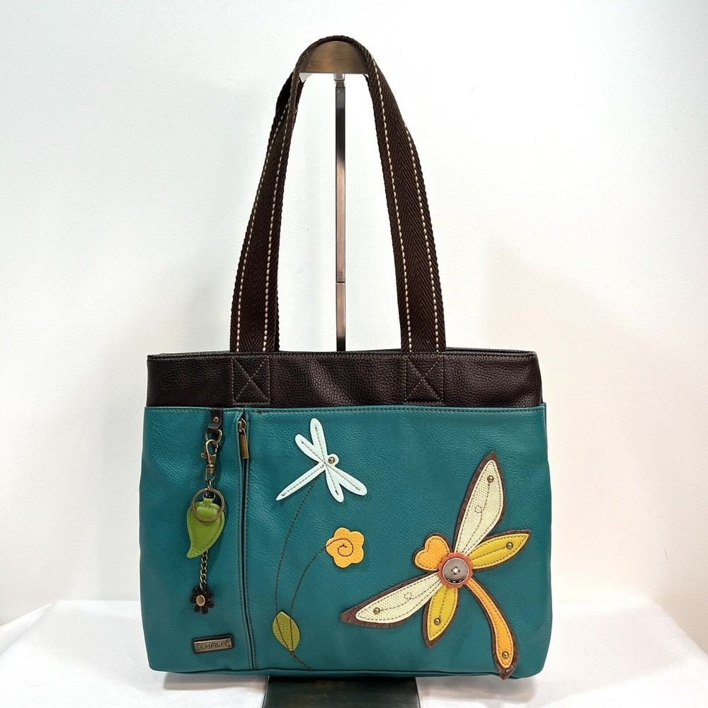 CHALA Womens DRAGONFLY Turquoise Faux Leather Handbag Tote + BAG CHARM  FLAW